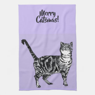 Paño De Cocina Gato Atigrado Feliz Navidad Púrpura Lavanda Pastel