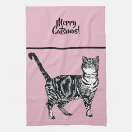 Paño De Cocina Gato Atigrado Merry Catsmus Rosa Gatos de Navidad
