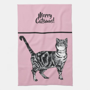 Paño De Cocina Gato Atigrado Merry Catsmus Rosa Gatos de Navidad