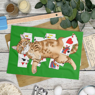Paño De Cocina Gato atigrado naranja divertido jugando cartas de 