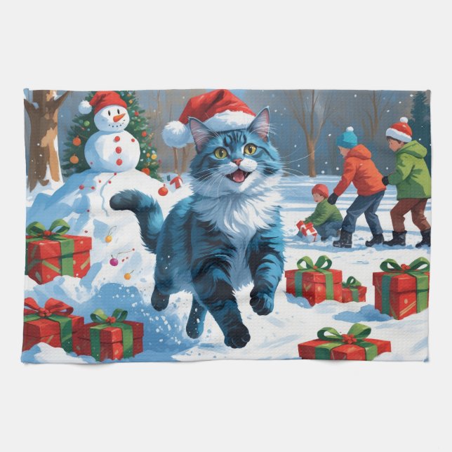 Paño De Cocina Gato azul oriental sentado en Gorra de Navidades d (Horizontal)