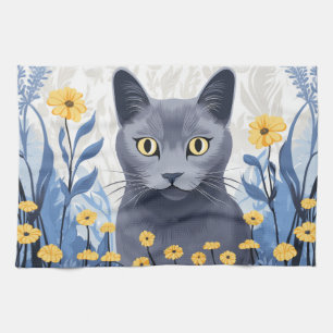 Paño De Cocina Gato Azul Ruso Flores Amarillas