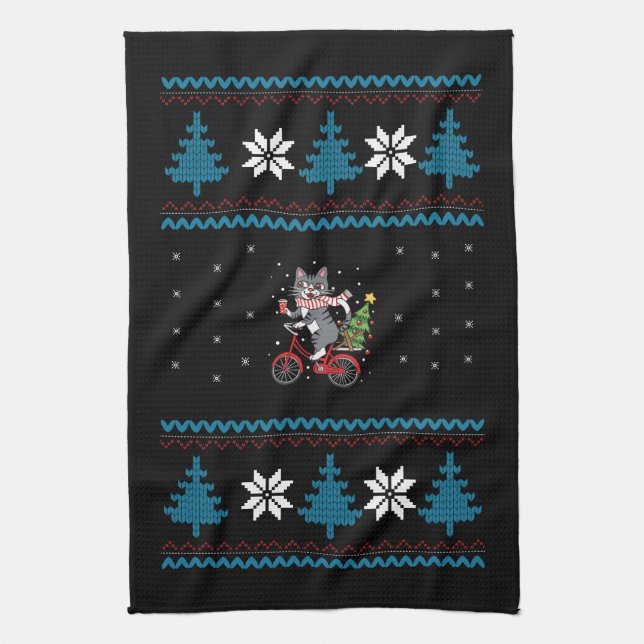 Paño De Cocina Gato Bicicleta Navidad Fea (Vertical)