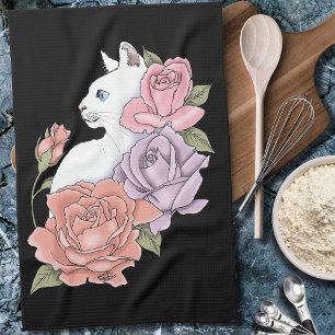 Paño De Cocina Gato Blanco Floral Pastel Botánico Romántico Negro