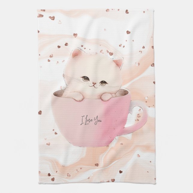 Paño De Cocina Gato blanco rosado en una taza de té (Vertical)