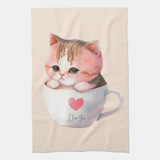 Paño De Cocina Gato blanco-rosado en una taza de té (2) (Vertical)