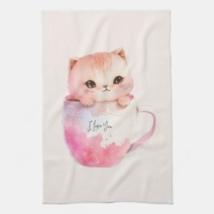 Paño De Cocina Gato blanco-rosado en una taza de té (2)