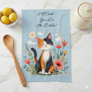 Paño De Cocina Gato Calico Sonriente en Jardín Florido