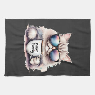 Paño De Cocina gato con gafas de sol y sosteniendo una taza de ca