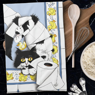 Paño De Cocina Gato de Esmoquin Juguetón Caos de Papel Higiénico 