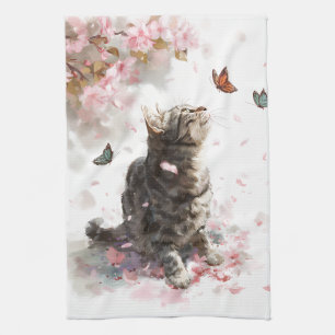 Paño De Cocina Gato de flor de cerezo y mariposas (11)