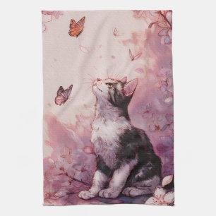 Paño De Cocina Gato de flor de cerezo y mariposas (2)