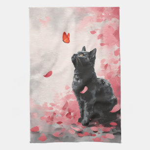 Paño De Cocina Gato de flor de cerezo y mariposas (3)