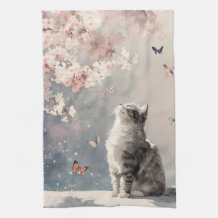 Paño De Cocina Gato de flor de cerezo y mariposas (6)