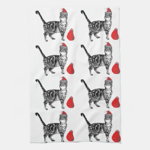 Paño De Cocina Gato de Tabby Navidades Guay Gato Té Blanco Rojo T