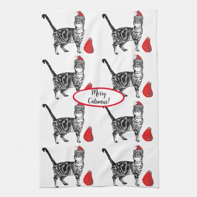 Paño De Cocina Gato de Tabby Navidades Guay Gato Té Blanco Rojo T (Vertical)
