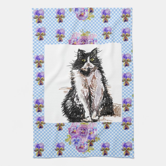 Paño De Cocina Gato de Tuxedo Cuadros Dibujo Gatos Blancos Negros (Vertical)