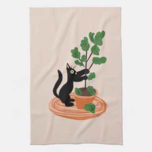 Paño De Cocina Gato Divertido Higuera Árbol Plantas en Maceta Dib