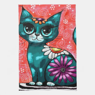 Paño De Cocina Gato gatito gigante sentado en una alfombra floral