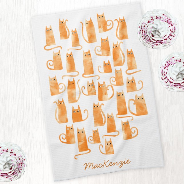 Paño De Cocina Gato Ginger Ginger Naranja divertido personalizado (Orange ginger cat watercolor personalized custom name kitchen tea towel)