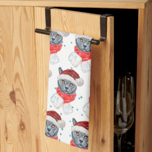 Paño De Cocina Gato Gris Adorable Acuarela con Bufanda