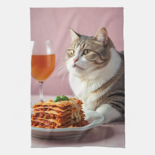 Paño De Cocina Gato gris puro con lasagna y vidrio de vino