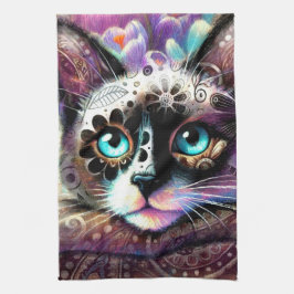 Paño De Cocina Gato kitano siamés crocus floral morado blanco Ver