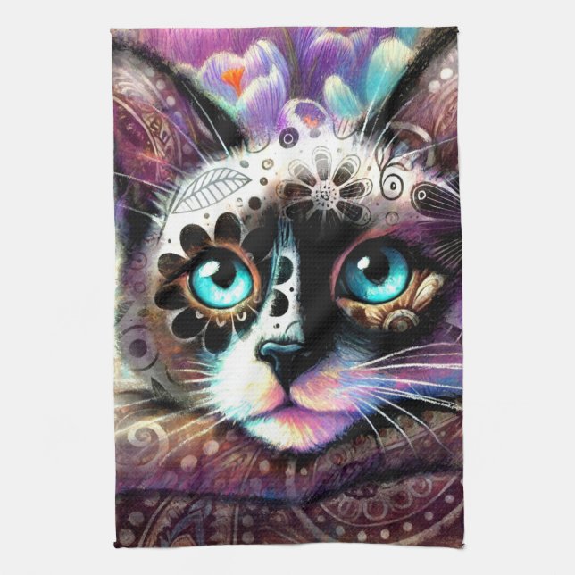 Paño De Cocina Gato kitano siamés crocus floral morado blanco Ver (Vertical)