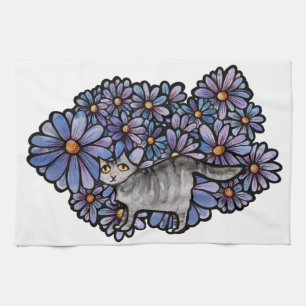 Paño De Cocina Gato Kitty Púrpura Daisies Gris Gato Gris Gris Gri