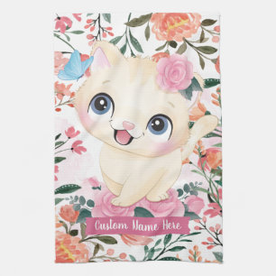 Paño De Cocina Gato Lindo Rosas Rosadas Flores de Rubor Nombre Pe