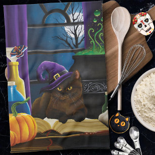Paño De Cocina Gato marrón brujo magia púrpura luna llena prepara
