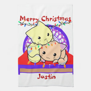 Paño De Cocina Gato navidad en cama, nombre personalizado 