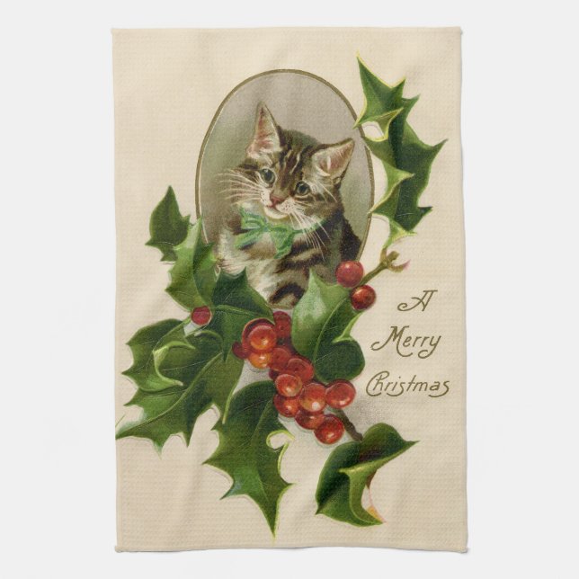 Paño De Cocina Gato Navidades Merry Holly Kitten Arte Antiguo (Vertical)