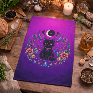Paño De Cocina Gato Negro Celestial Místico Rosa Púrpura