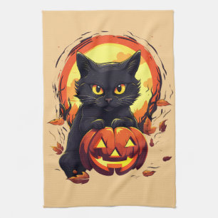 Paño De Cocina Gato negro de Halloween, hojas de otoño,