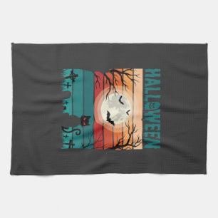Paño De Cocina Gato Negro De Halloween Luna Cementerio Retro Vect