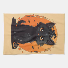 Paño De Cocina Gato negro de Halloween, negro Jack O' Lantern