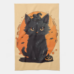 Paño De Cocina Gato negro de Halloween, negro Jack O' Lantern