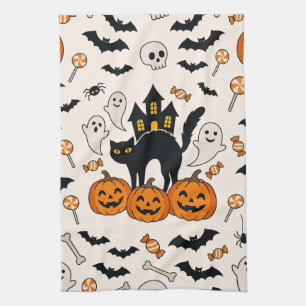 Paño De Cocina Gato Negro de Halloween y Casa Embrujada de Calaba
