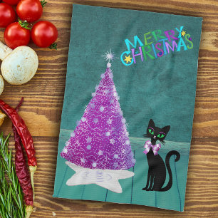 Paño De Cocina Gato negro de Navidad Árbol plateado rosa Sala ver