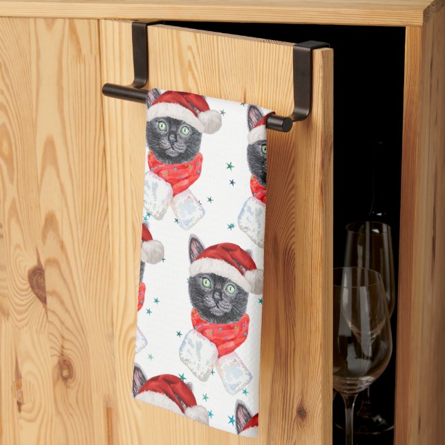 Paño De Cocina Gato negro de Navidad con bufanda roja (Pliegue de tercios)