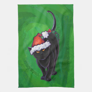 Paño De Cocina Gato negro del navidad en verde