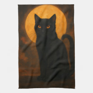Paño De Cocina Gato negro elegante de Halloween con ojos naranjas