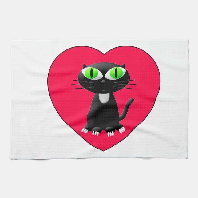 Paño De Cocina Gato Negro En Corazón Rojo (Horizontal)