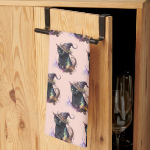 Paño De Cocina Gato negro en Halloween, Gorra Naranja de una bruj