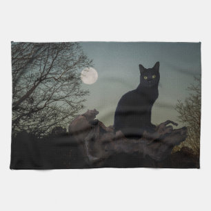 Paño De Cocina Gato negro en un árbol frente a una luna llena