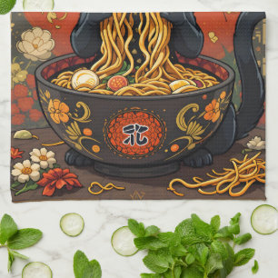 Paño De Cocina Gato negro lindo con fideos