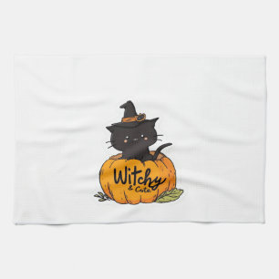 Paño De Cocina Gato negro lindo en calabaza con sombrero de bruja
