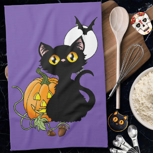 Paño De Cocina Gato negro lindo morado espeluznante calabaza de H