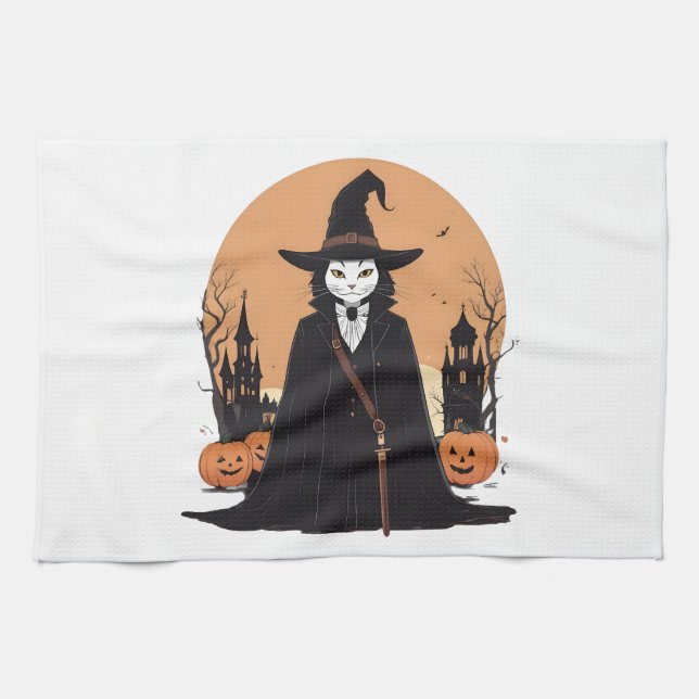 Paño De Cocina Gato negro místico salem con calabazas (Horizontal)